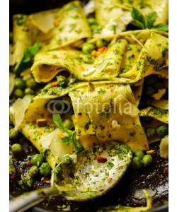 fotoatelie, Close-Up of Pappardelle Pasta with peas, pesto, mint and cheese in pan.