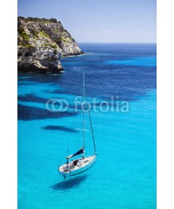 kite_rin, Beautiful bay with sailing yacht in Mediterranean sea. Travel and active lifestyle concept