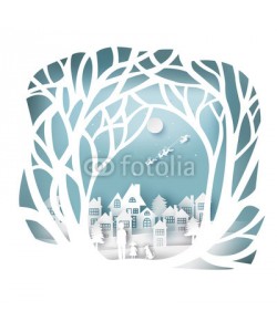 artdee2554, paper art landscape of Christmas and happy new year with tree and house design. vector illustration