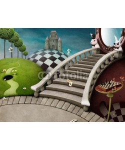 annamei, Fabulous background with staircase and mirror for poster or illustration adventure Wonderland
