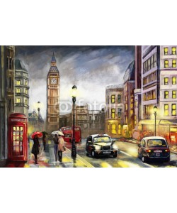 lisima, oil painting on canvas, street view of london. Artwork. Big ben. couple and red umbrella, bus and road, telephone. Black car - taxi. England