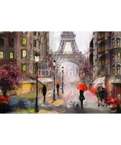 lisima, oil painting on canvas, street view of Paris. Artwork. eiffel tower . people under a red umbrella. Tree. France