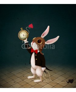 annamei, Conceptual illustration with  character from  fairy tale Wonderland with  White Rabbit and  destruction of  Clock.