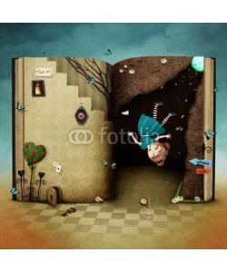 annamei, Conceptual illustration with  magical book Wonderland and the falling girl