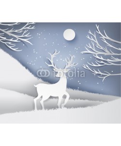 artdee2554, paper art landscape of Christmas and happy new year with tree and reindeer design. vector illustration