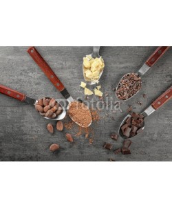 Africa Studio, Spoons with different cocoa products on grey background