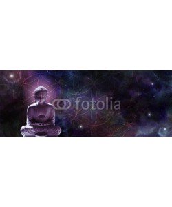 Nikki Zalewski, Cosmic Buddha meditating on the Flower of Life - Lotus position buddha on left with a magenta glow against a wide dark starry night background and the Flower of Life symbol