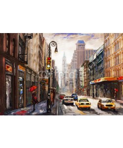 lisima, oil painting on canvas, street view of New York, man and woman, yellow taxi,  modern Artwork,  American city, illustration New York