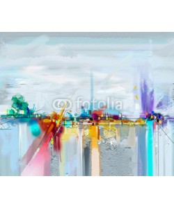 nongkran_ch, Abstract oil painting landscape. Colorful blue purple sky. Oil painting outdoor on canvas. Semi abstract tree ,field, meadow. Abstraction Landscape nature, contemporary art for background