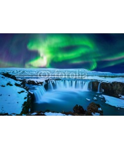 tawatchai1990, Northern Light, Aurora borealis at Godafoss waterfall in winter Iceland.