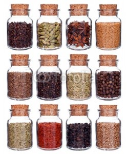 andriigorulko, glass bottles full of different species isolated on white