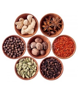 andriigorulko, Wooden bowls full of different spices isolated