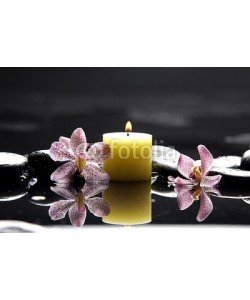 Mee Ting, burning candle and zen stones with pink orchid