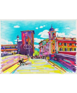 Kara-Kotsya, original marker painting of Rome Italy cityscape