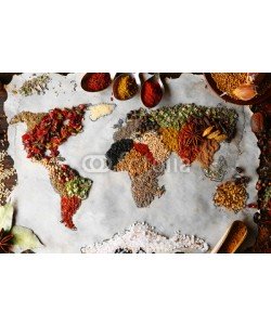 Africa Studio, Map of world made from different kinds of spices, close-up