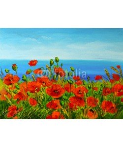 max5799, poppy field near the sea, colorful coast, art oil painting