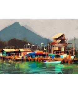 grandfailure, seascape painting showing old fishing village,digital painting