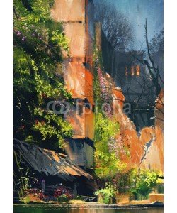 grandfailure, digital painting of abandoned building covered with vegetation