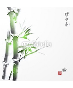 elinacious, Card with green bamboo in sumi-e style. Contains hieroglyphs luck, happiness (stamps), well-being, eternity, harmony