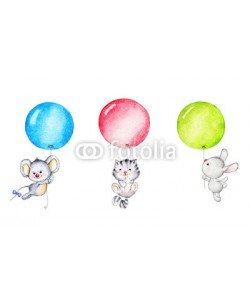 ciumac, Mouse, kitten and bunny  flying on balloons
