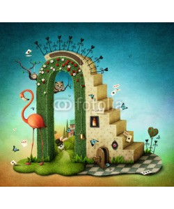 annamei, Illustration or poster with  stairs and green arch with fabulous items