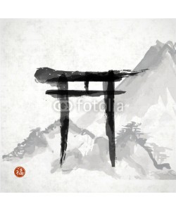 elinacious, Torii gates and mountains hand-drawn with ink i
