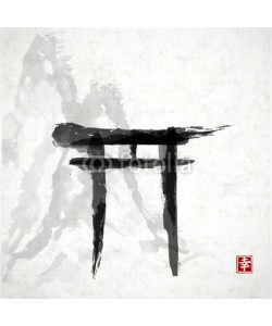 elinacious, Torii gates and mountains hand-drawn with ink i