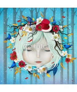annamei, Greeting holiday card with Christmas and New Year with  head of girl and flowers