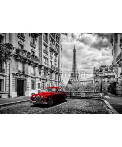 Photocreo Bednarek, Artistic Paris, France. Eiffel Tower seen from the street with red retro limousine car.