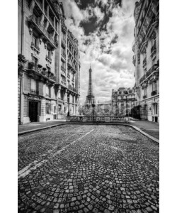 Photocreo Bednarek, Eiffel Tower seen from the street in Paris, France. Black and white