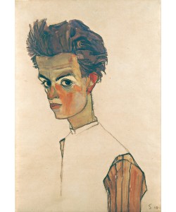 Egon Schiele, Self-Portrait with Striped Shirt, 1910 (graphite & w/c on paper)