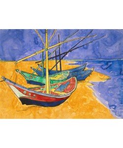 Vincent van Gogh, Fishing Boats on the Beach at Saintes-Maries-de-la-Mer (pen & ink with w/c on paper)