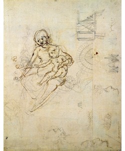 Leonardo da Vinci, Studies for a Virgin and Child and of Heads in Profile and Machines, c.1478-80 (pencil and ink on paper)