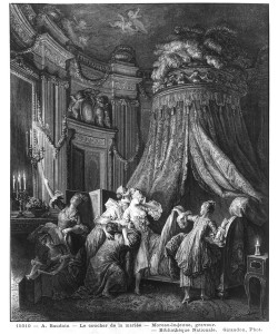 Pierre Antoine Baudouin, The bride's going-to-bed ceremony, engraved from Jean-Michel Moreau, said the Young (1741-1814) (b/w photo)
