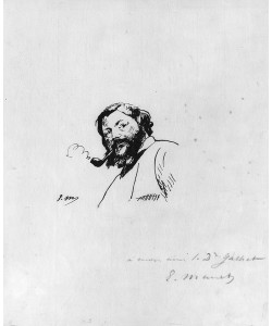 Edouard Manet, Portrait of Gustave Courbet (pen & ink on paper) (b/w photo)