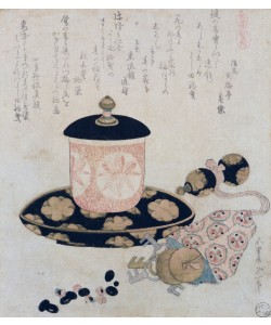 Katsushika Hokusai, A Pot of Tea and Keys, 1822 (colour woodblock print)