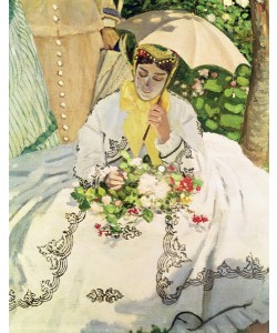 Claude Monet, Femmes au jardin (detail of a seated young woman carrying a parasol), c.1866 (oil on canvas)