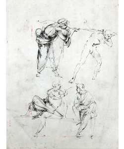 Leonardo da Vinci, Study of a man blowing a trumpet in another's ear, and two figures in conversation, c.1480-82 (pen and ink on paper)