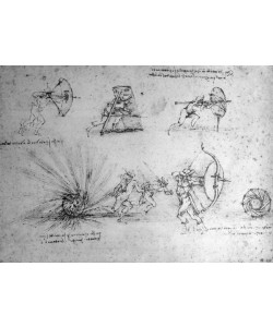 Leonardo da Vinci, Study with Shields for Foot Soldiers and an Exploding Bomb, c.1485-88 (pen and ink on paper)