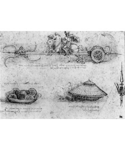 Leonardo da Vinci, ""Studies of military tank-like machines  including one at the top with horses pulling a contraption with revolving scythes, c.1485 (pen & ink and brown wash on paper)""""