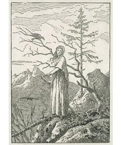 Caspar David Friedrich, Woman with a Raven, on the Edge of a Precipice (woodcut)