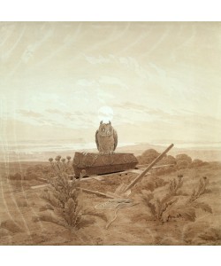 Caspar David Friedrich, Landscape with Grave, Coffin and Owl (sepia ink and pencil on paper)