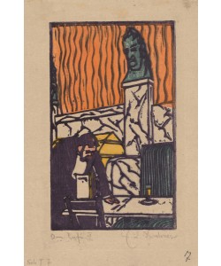 Ernst Ludwig Kirchner, Head Waiter in cafe, 1904 (color woodcut in violet, orange, yellow and green)