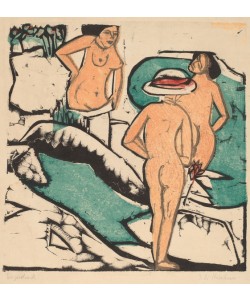 Ernst Ludwig Kirchner, Women Bathing Between White Stones, 1912 (color woodcut printed in black, green, orange and red)