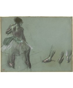 Edgar Degas, Dancer Seen from Behind and Three Studies of Feet, c.1878 (black chalk and pastel on blue-gray laid paper)