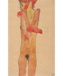 Egon Schiele, Girl nude with folded arms, 1910 (black chalk, wash & w/c on brown paper)