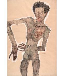 Egon Schiele, Nude self portrait, grimacing, 1910 (mixed media)