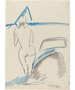 Ernst Ludwig Kirchner, Bather on the Beach, 1912-13 (black crayon with blue and gray wash)