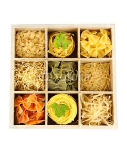 Africa Studio, Nine types of pasta in wooden box sections close-up isolated