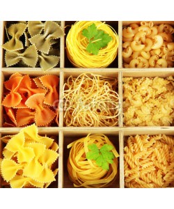 Africa Studio, Nine types of pasta in wooden box sections close-up isolated